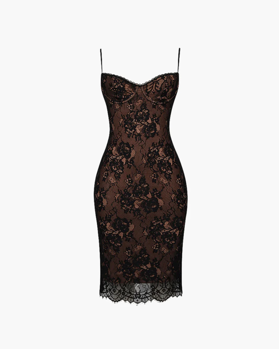 Elegant Midi Dress with Lace Overlay, Adjustable Straps, Bodycon Cocktail Dress for Wedding Guests and Formal Events - Image 5
