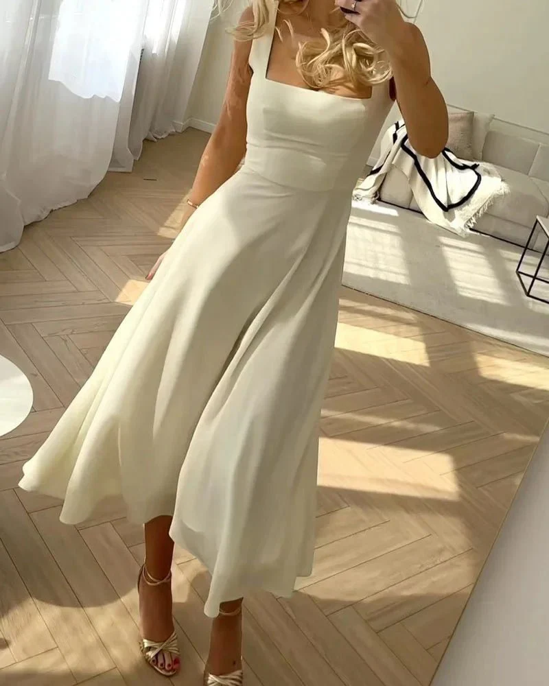 Elegant Chiffon Wedding Guest Dress with Angular Neckline, Flowing Formal Cocktail Dress for Special Occasions - Image 3