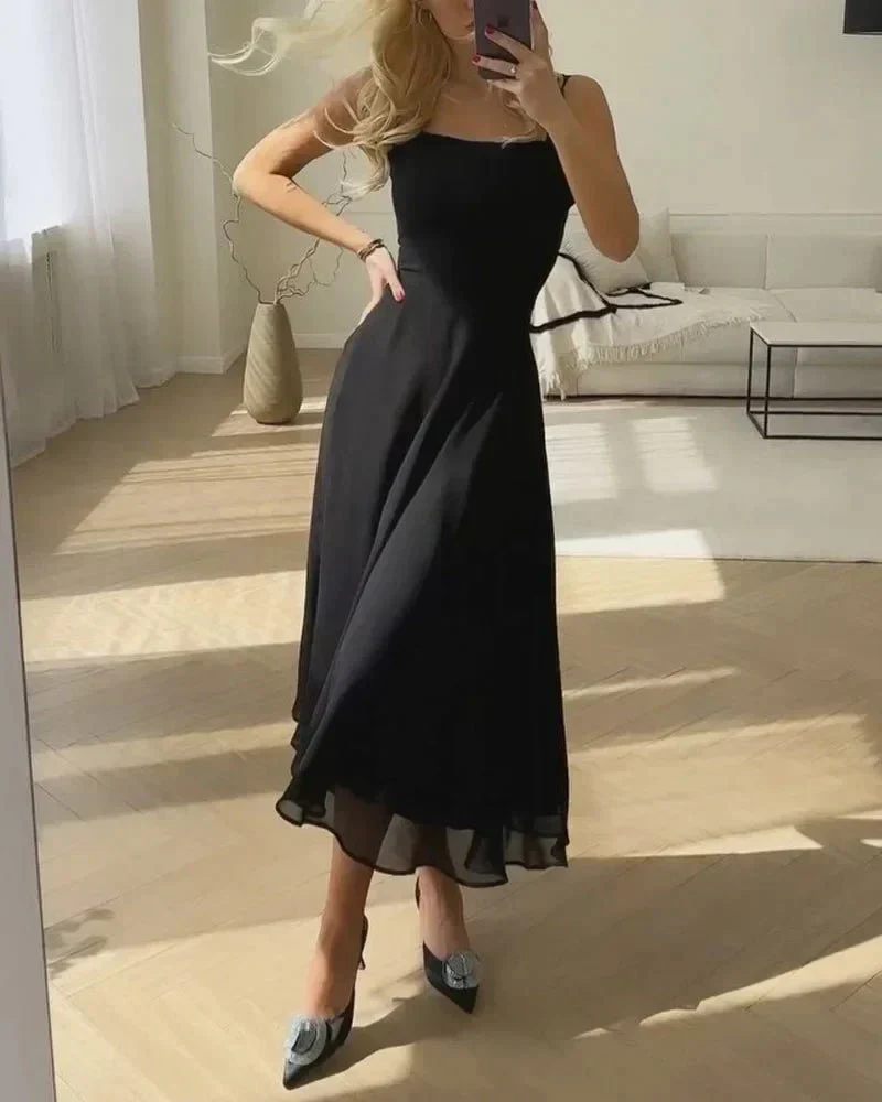 Elegant Chiffon Wedding Guest Dress with Angular Neckline, Flowing Formal Cocktail Dress for Special Occasions - Image 4