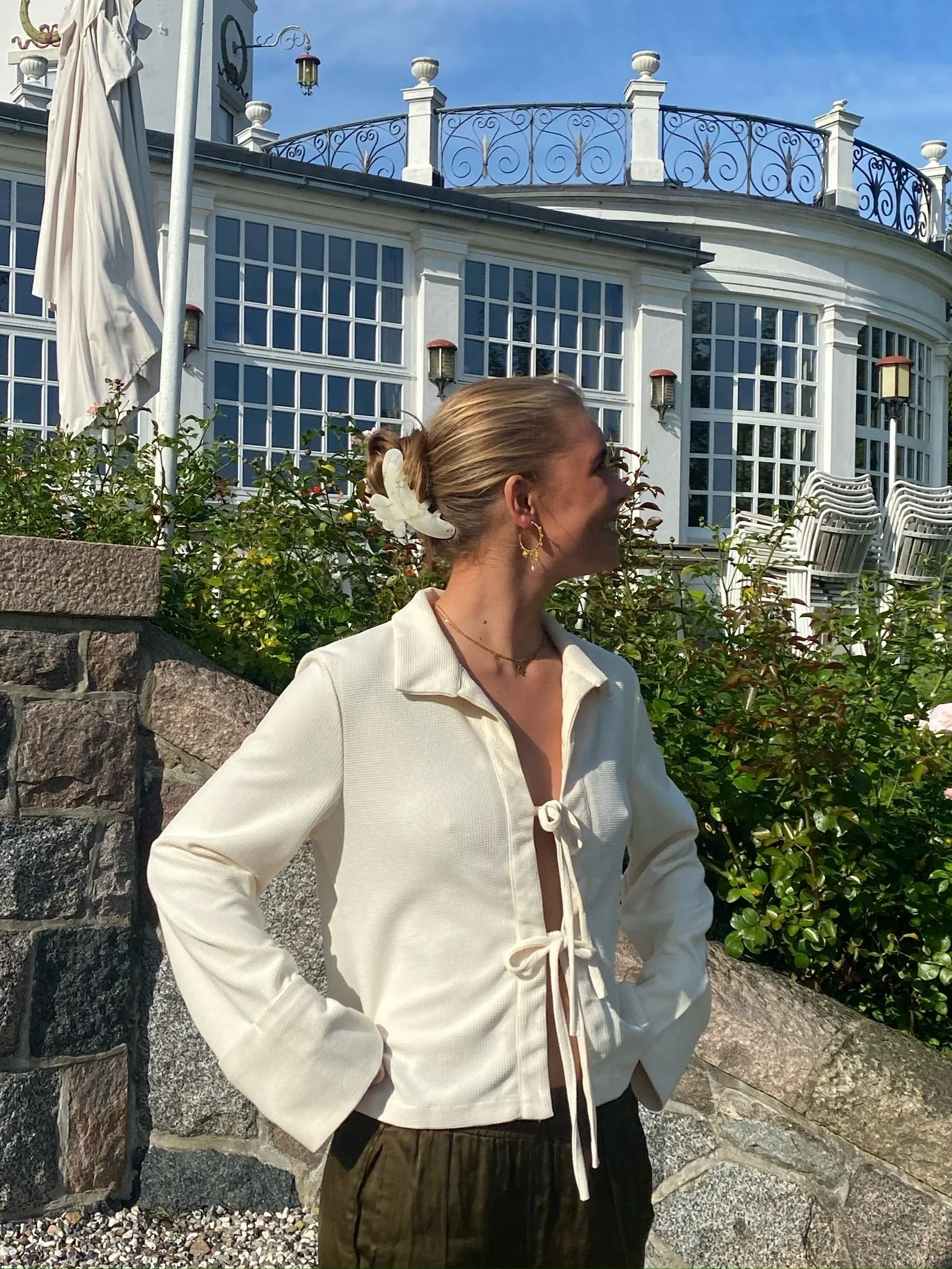 Elegant Cream Silk Blouse with Bow Bands and Wide Cuffs, Long Sleeve Tops for Women - Image 3