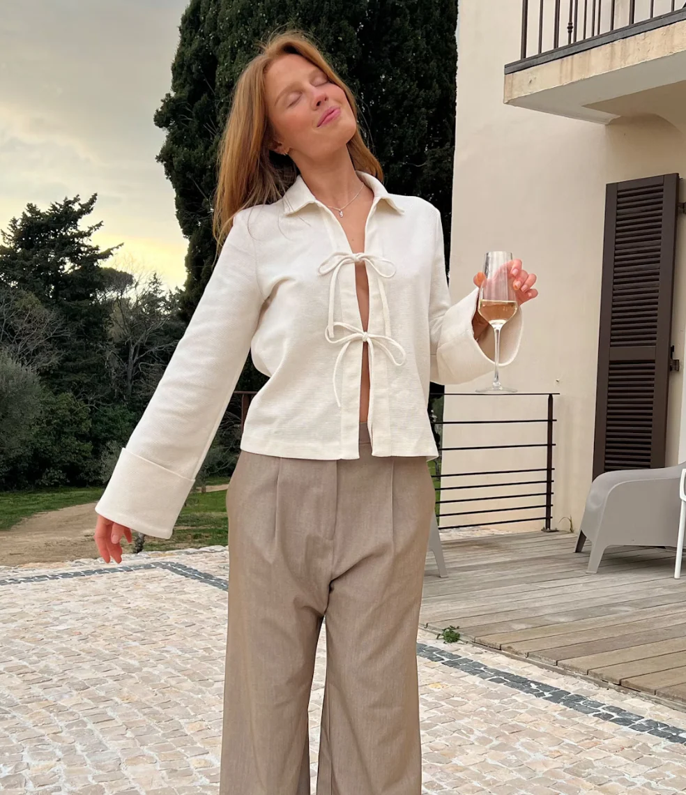 Elegant Cream Silk Blouse with Bow Bands and Wide Cuffs, Long Sleeve Tops for Women - Image 6