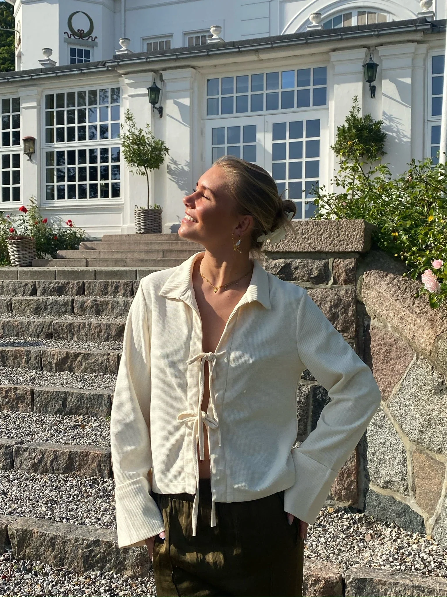 Elegant Cream Silk Blouse with Bow Bands and Wide Cuffs, Long Sleeve Tops for Women - Image 7