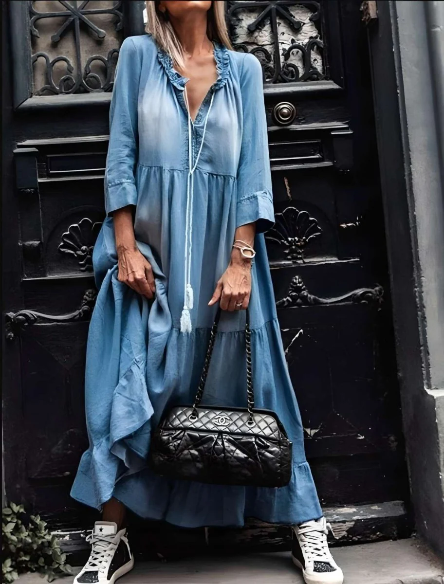 Elegant Denim Maxi Dress for Women, Long Sleeve Flattering Silhouette, Breathable Fabric for Casual and Formal Events
