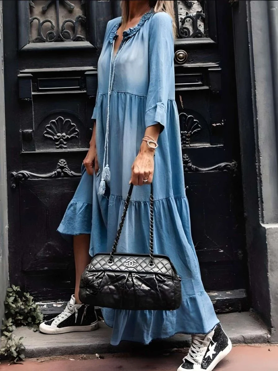 Elegant Denim Maxi Dress for Women, Long Sleeve Flattering Silhouette, Breathable Fabric for Casual and Formal Events - Image 3