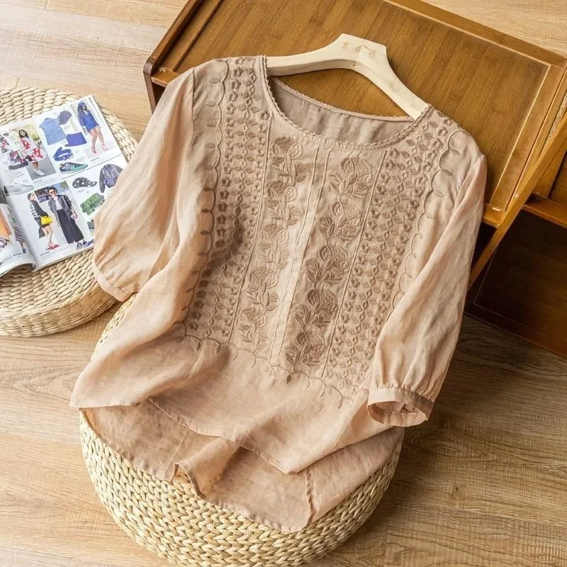 Elegant Embroidered Women's Blouse, Long Sleeve Plus Size Tops with Flattering Fit and Versatile Style - Image 4