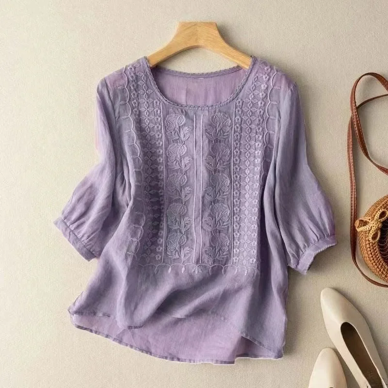 Elegant Embroidered Women's Blouse, Long Sleeve Plus Size Tops with Flattering Fit and Versatile Style - Image 5
