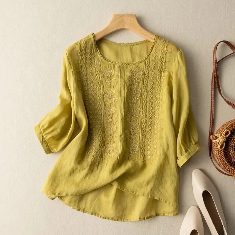 Elegant Embroidered Women's Blouse, Long Sleeve Plus Size Tops with Flattering Fit and Versatile Style - Image 6