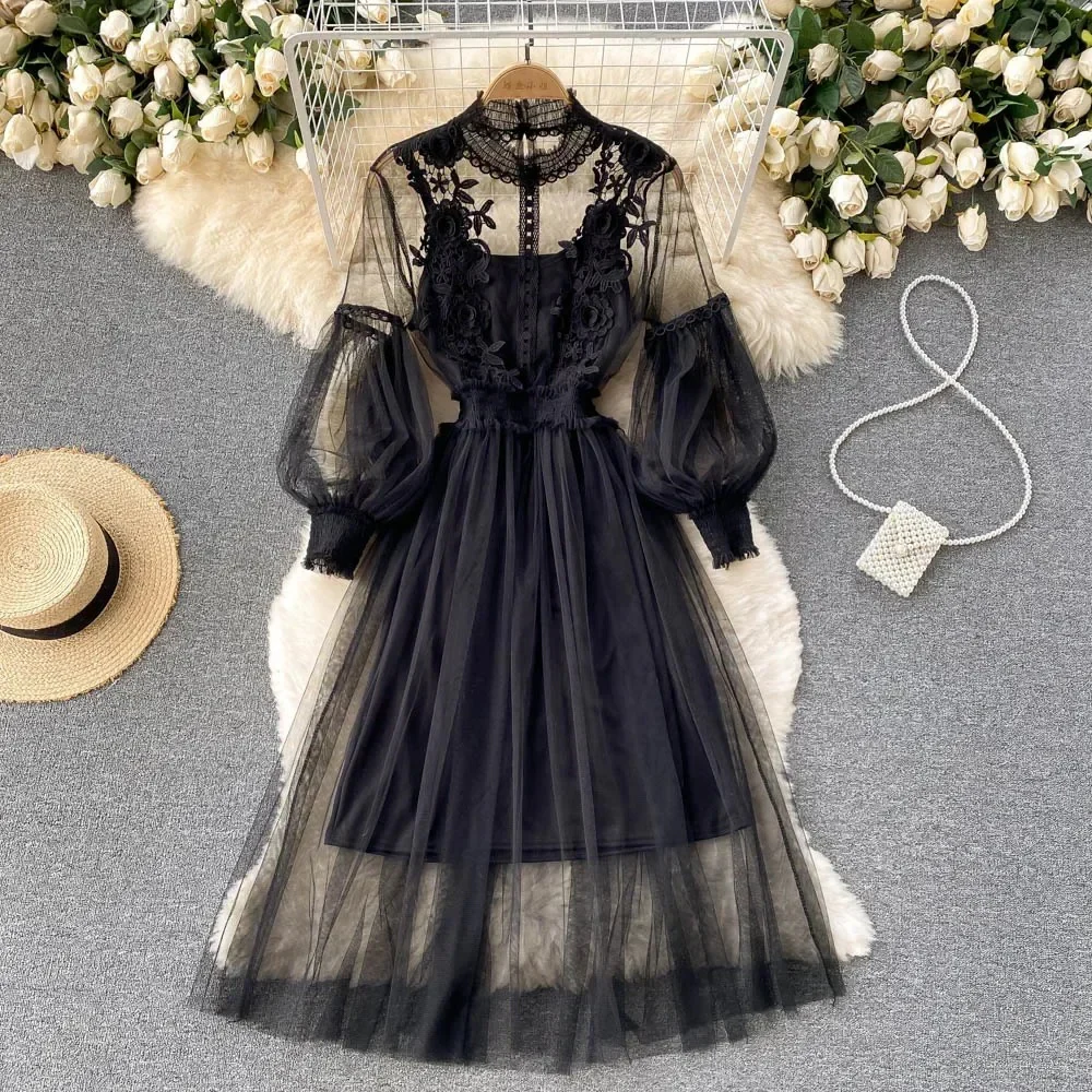 Elegant Floral Midi Dress for Women with Lantern Sleeves and Upright Collar - Perfect for Summer Parties and Special Occasions - Image 10