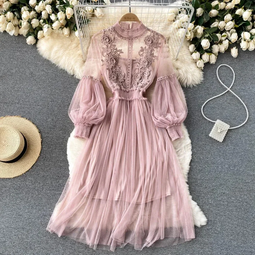 Elegant Floral Midi Dress for Women with Lantern Sleeves and Upright Collar - Perfect for Summer Parties and Special Occasions - Image 11