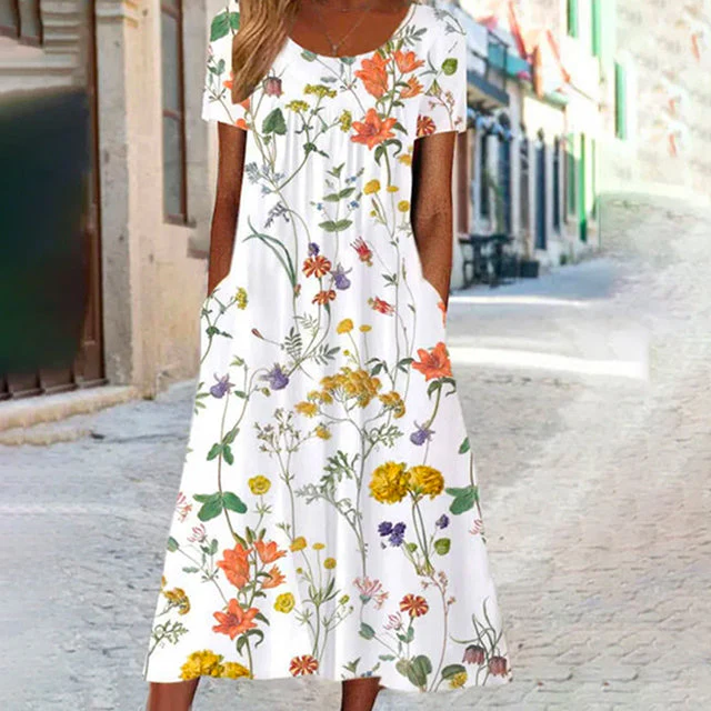 Elegant Floral Print Summer Dress, Short Sleeves, Round Neckline, Comfortable Cotton-Polyester Blend, Calf Length - Image 3