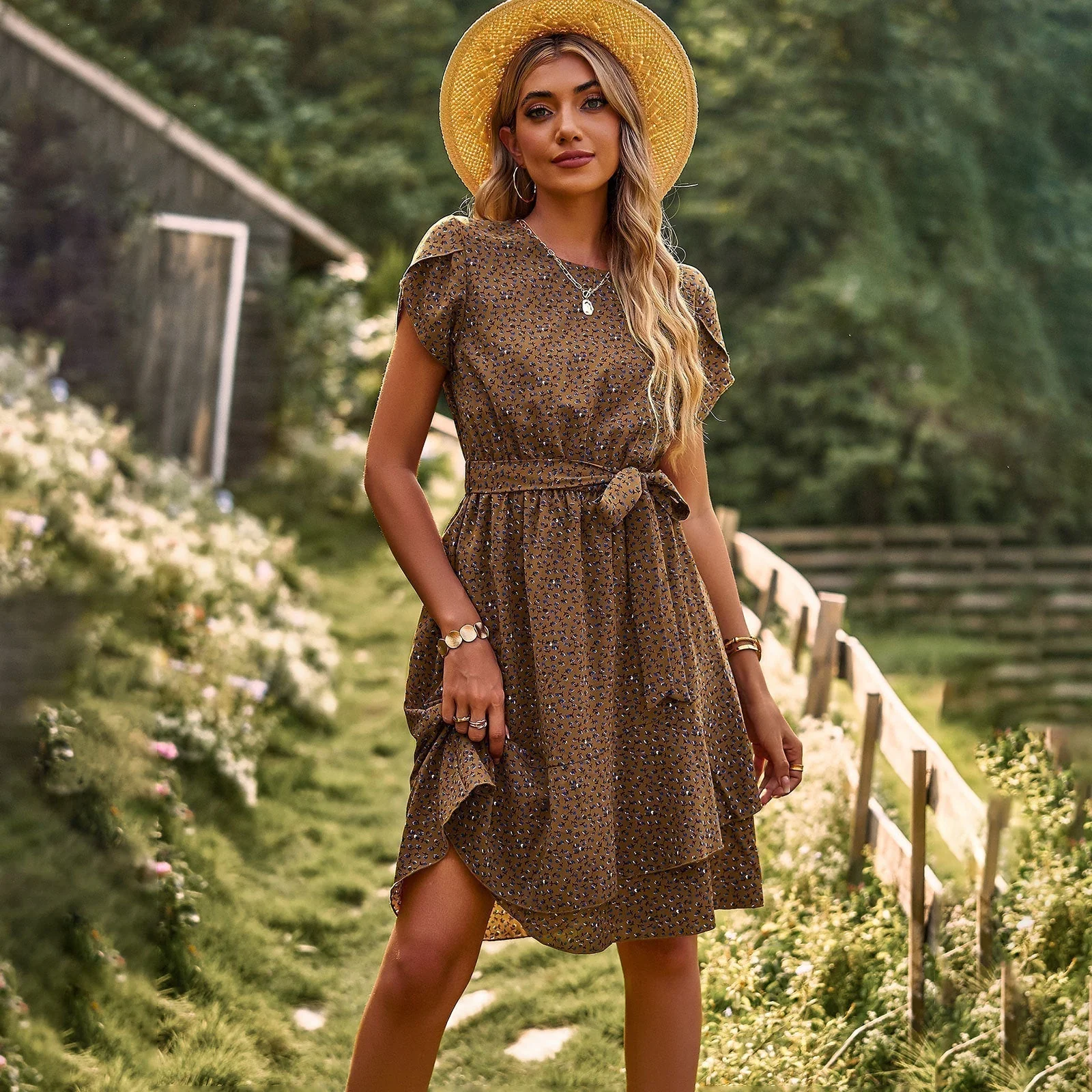Elegant Floral Print Women's Summer Dress with Belt, Lightweight and Comfortable for Casual Outings and Garden Parties - Image 10