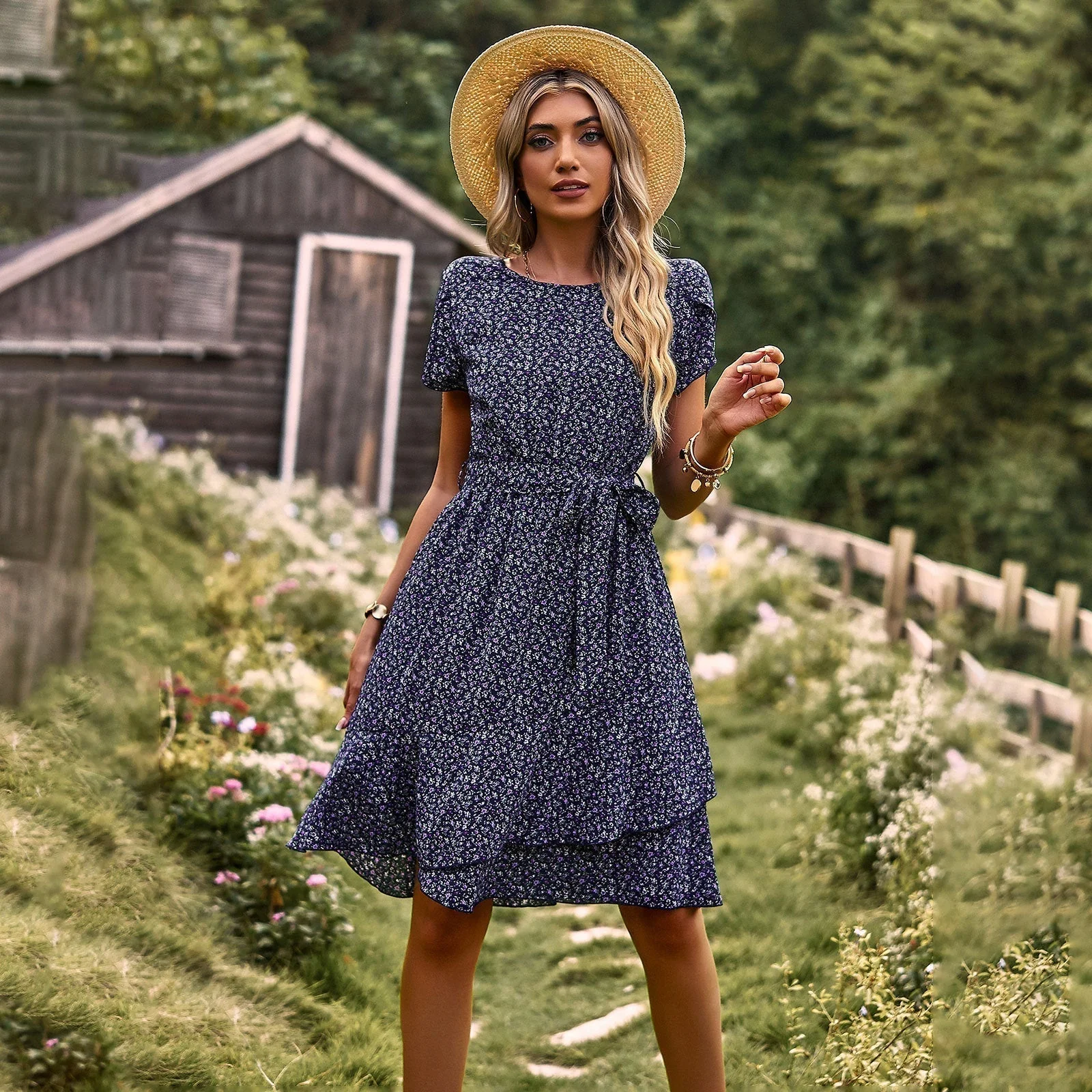 Elegant Floral Print Women's Summer Dress with Belt, Lightweight and Comfortable for Casual Outings and Garden Parties - Image 8