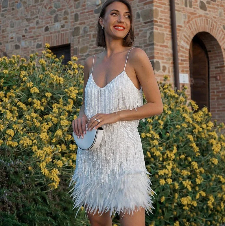 Elegant Fringe Cocktail Dress with Feather Accents for Holiday Parties and Weddings - Image 8