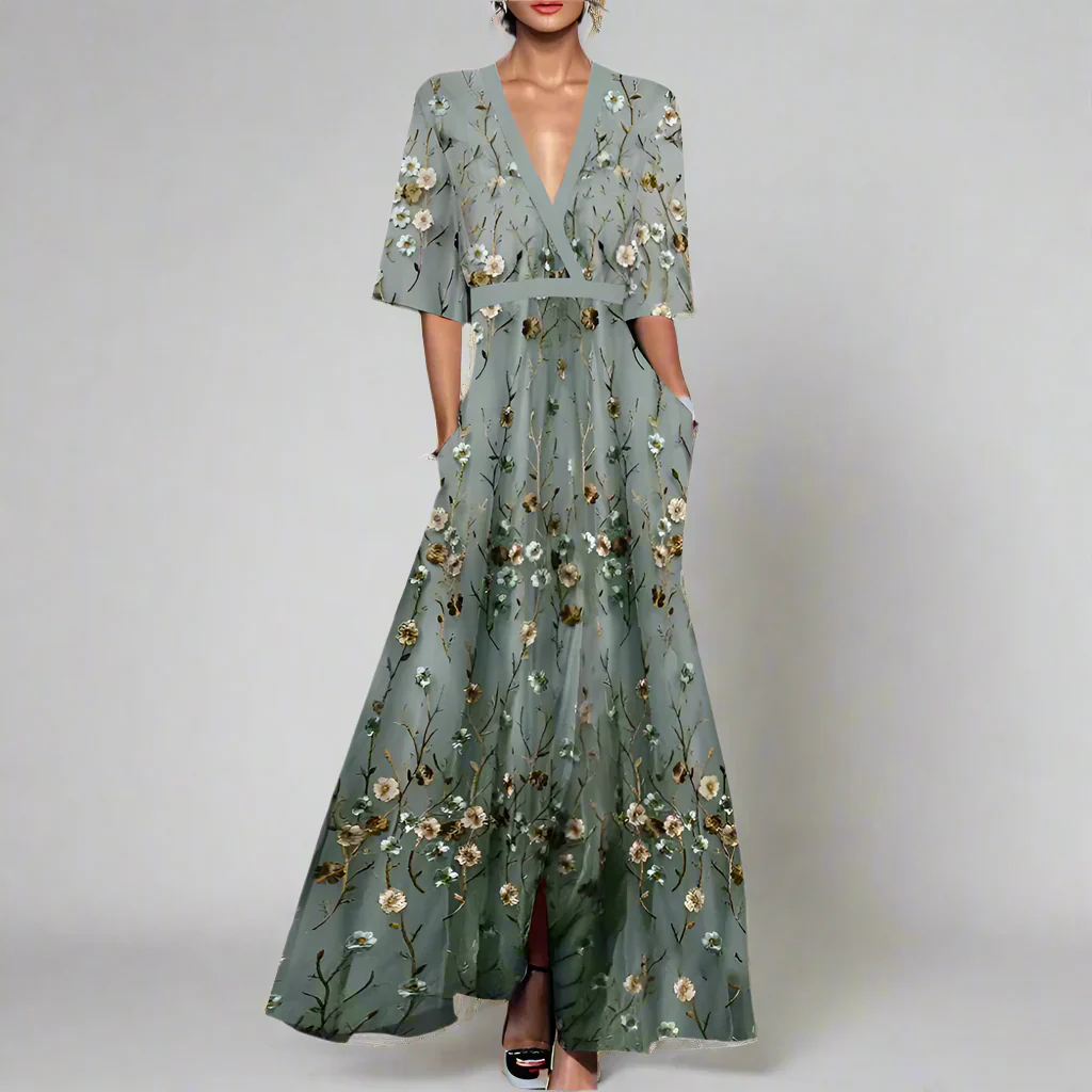 Elegant Green Floral Summer Dress with Mid-Length Sleeves for Wedding Guests and Formal Occasions - Image 2