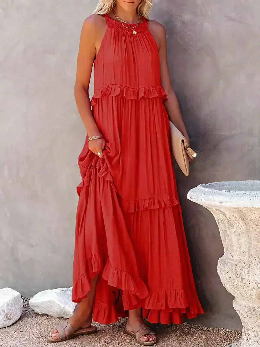 Elegant Halter Ruffle Floral Maxi Dress for Women, Lightweight Bohemian Long Dress, Flowing Fit - Image 10