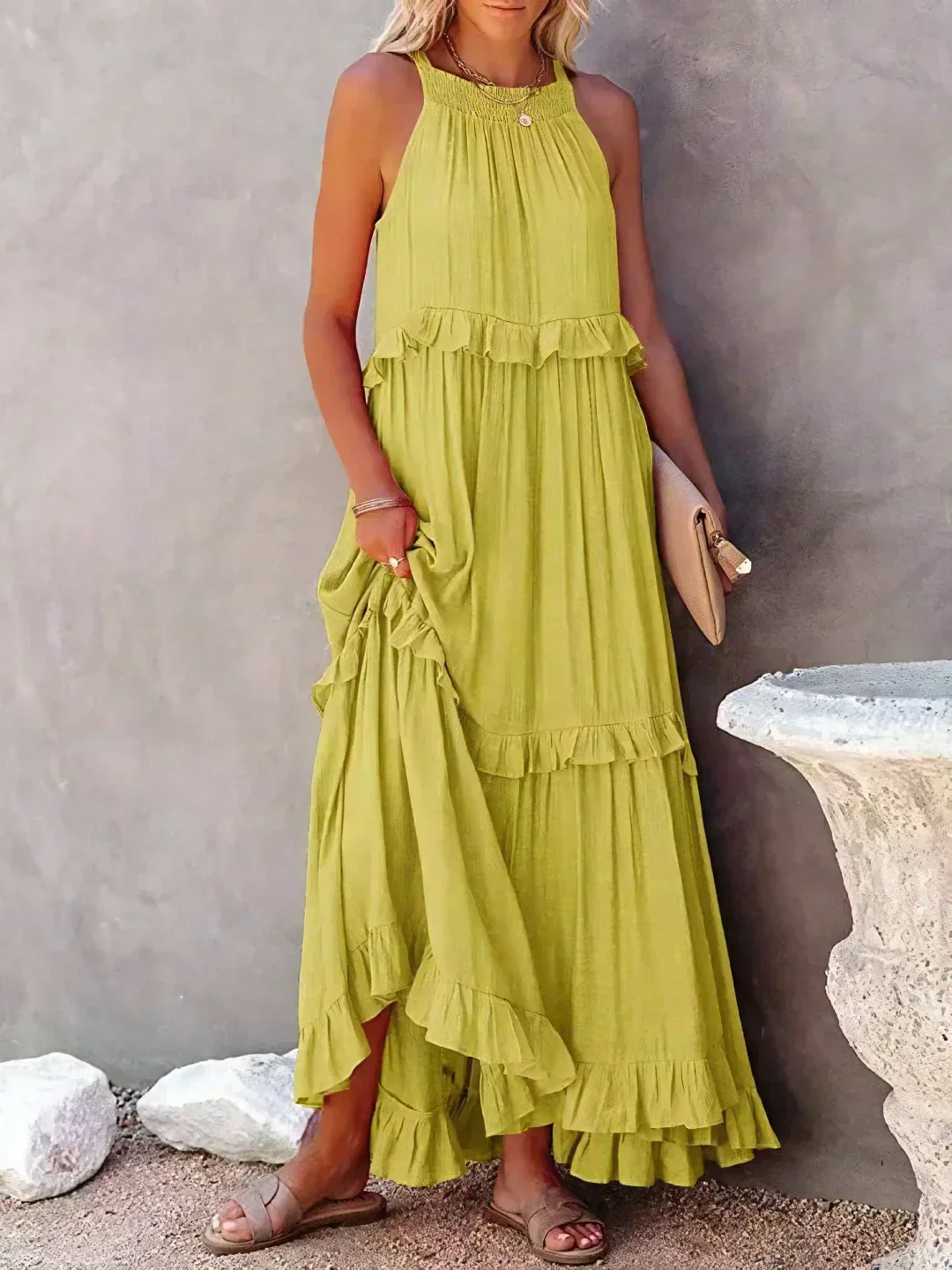 Elegant Halter Ruffle Floral Maxi Dress for Women, Lightweight Bohemian Long Dress, Flowing Fit - Image 11