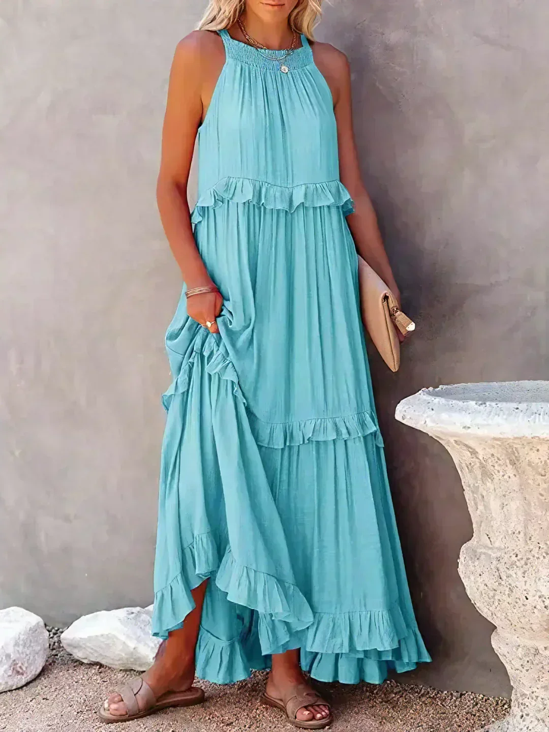 Elegant Halter Ruffle Floral Maxi Dress for Women, Lightweight Bohemian Long Dress, Flowing Fit - Image 13