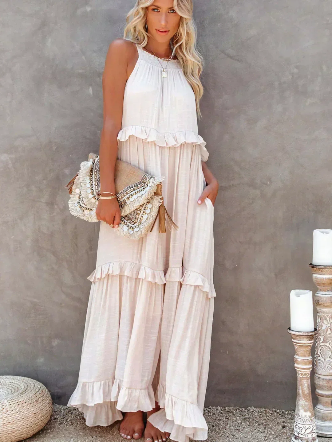 Elegant Halter Ruffle Floral Maxi Dress for Women, Lightweight Bohemian Long Dress, Flowing Fit - Image 2