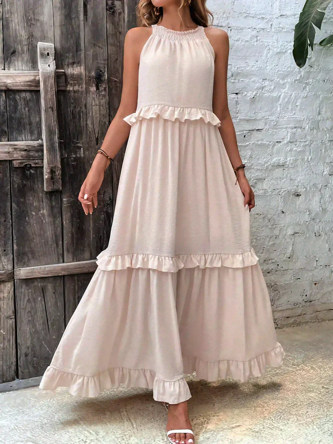 Elegant Halter Ruffle Floral Maxi Dress for Women, Lightweight Bohemian Long Dress, Flowing Fit - Image 5