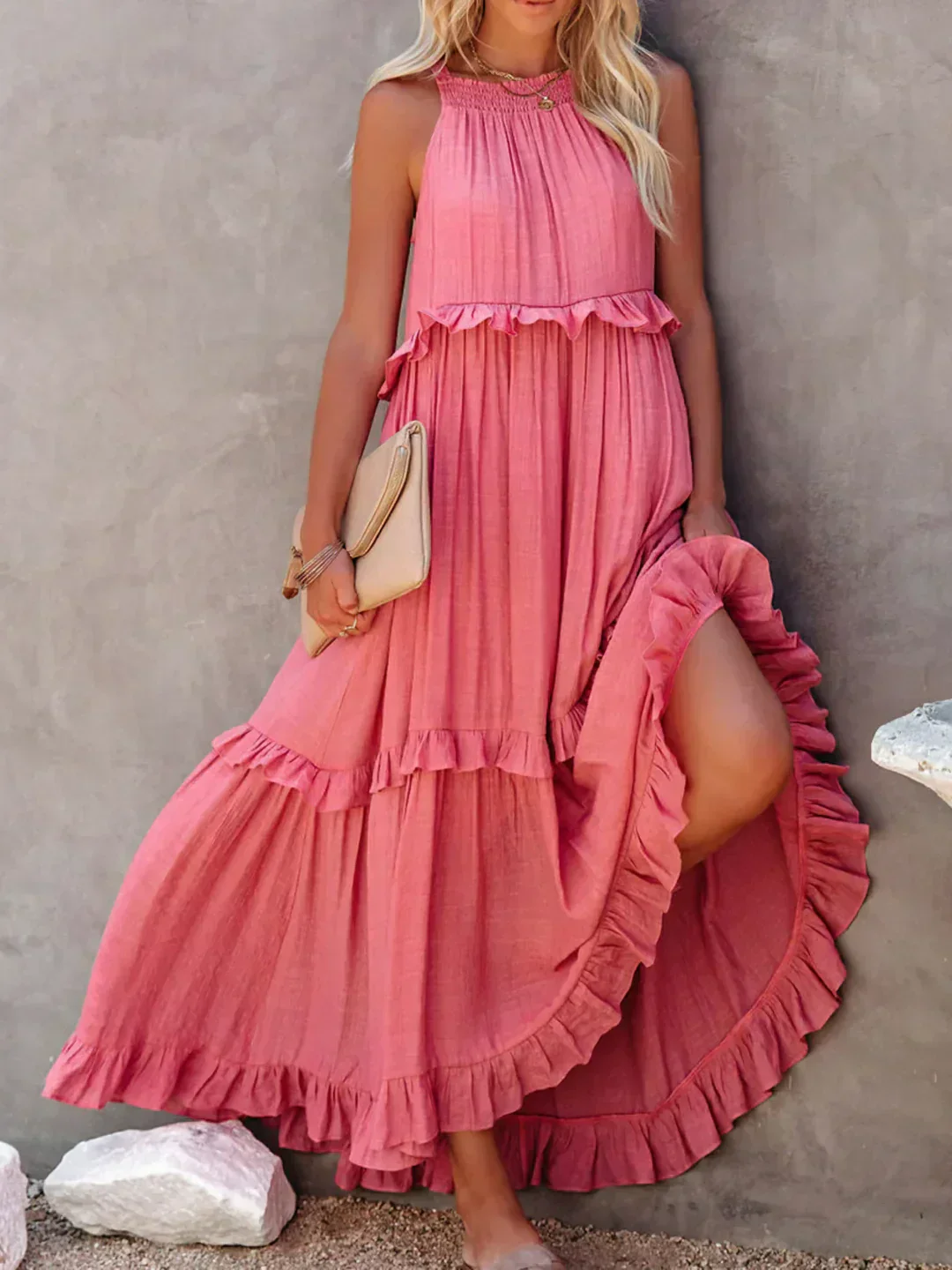 Elegant Halter Ruffle Floral Maxi Dress for Women, Lightweight Bohemian Long Dress, Flowing Fit - Image 6