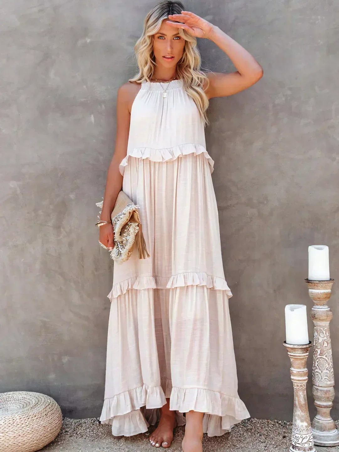 Elegant Halter Ruffle Floral Maxi Dress for Women, Lightweight Bohemian Long Dress, Flowing Fit - Image 7