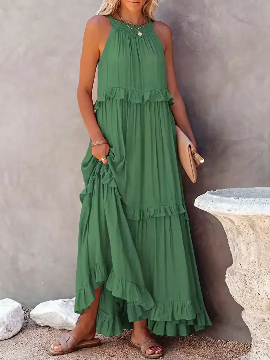 Elegant Halter Ruffle Floral Maxi Dress for Women, Lightweight Bohemian Long Dress, Flowing Fit - Image 9