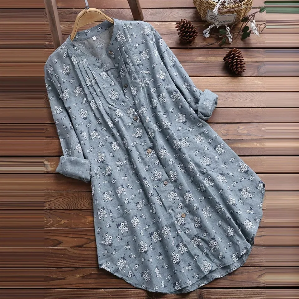 Elegant Long Cotton Linen Shirt - Floral Print Blouse for Women, Full Sleeve Spring Autumn Fashion - Image 2