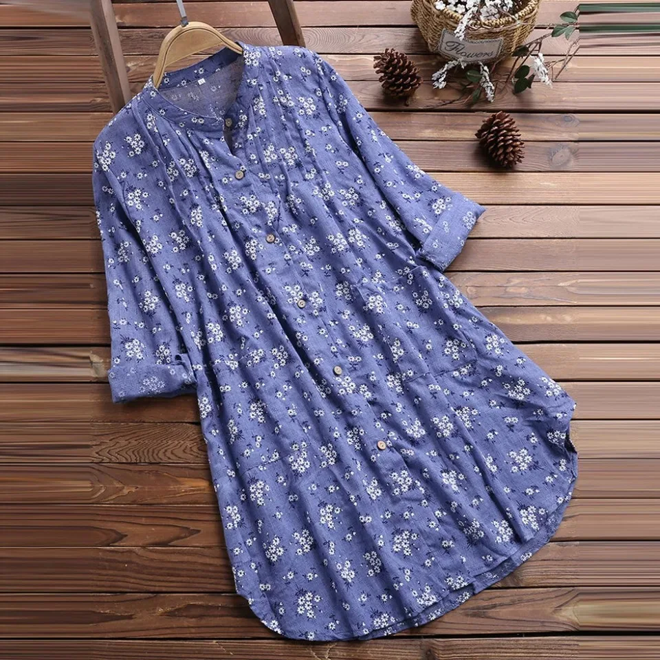Elegant Long Cotton Linen Shirt - Floral Print Blouse for Women, Full Sleeve Spring Autumn Fashion - Image 3
