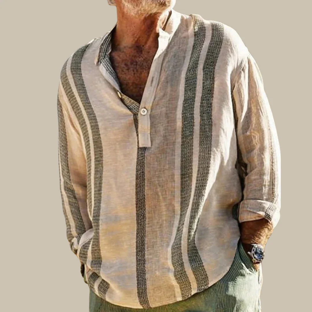Elegant Men's Linen Shirt with Mao Collar and Subtle Stripes, Available in Sizes S to XL