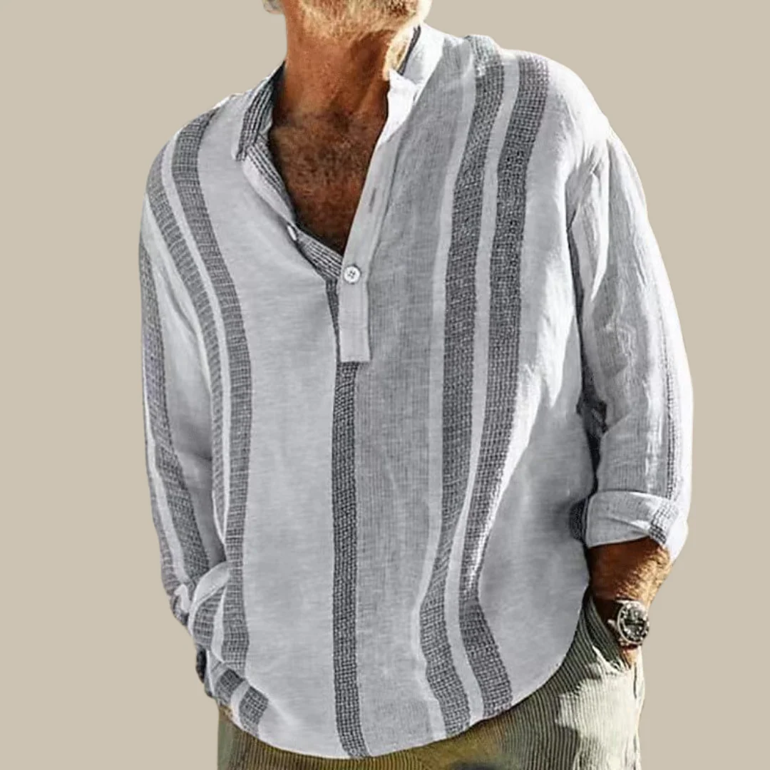 Elegant Men's Linen Shirt with Mao Collar and Subtle Stripes, Available in Sizes S to XL - Image 6