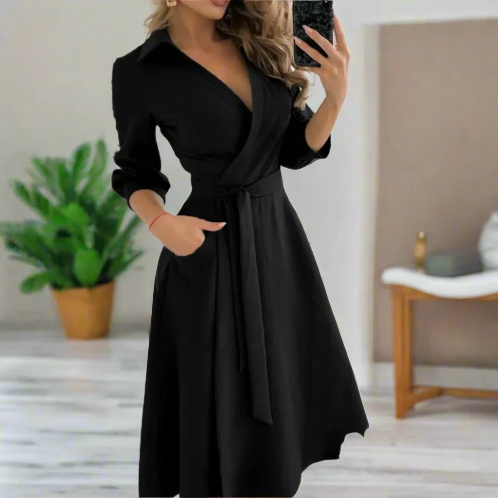 Elegant Midi Dress for Women with Deep V-Neck, Flattering Fit, and Versatile Style for Any Occasion - Image 2
