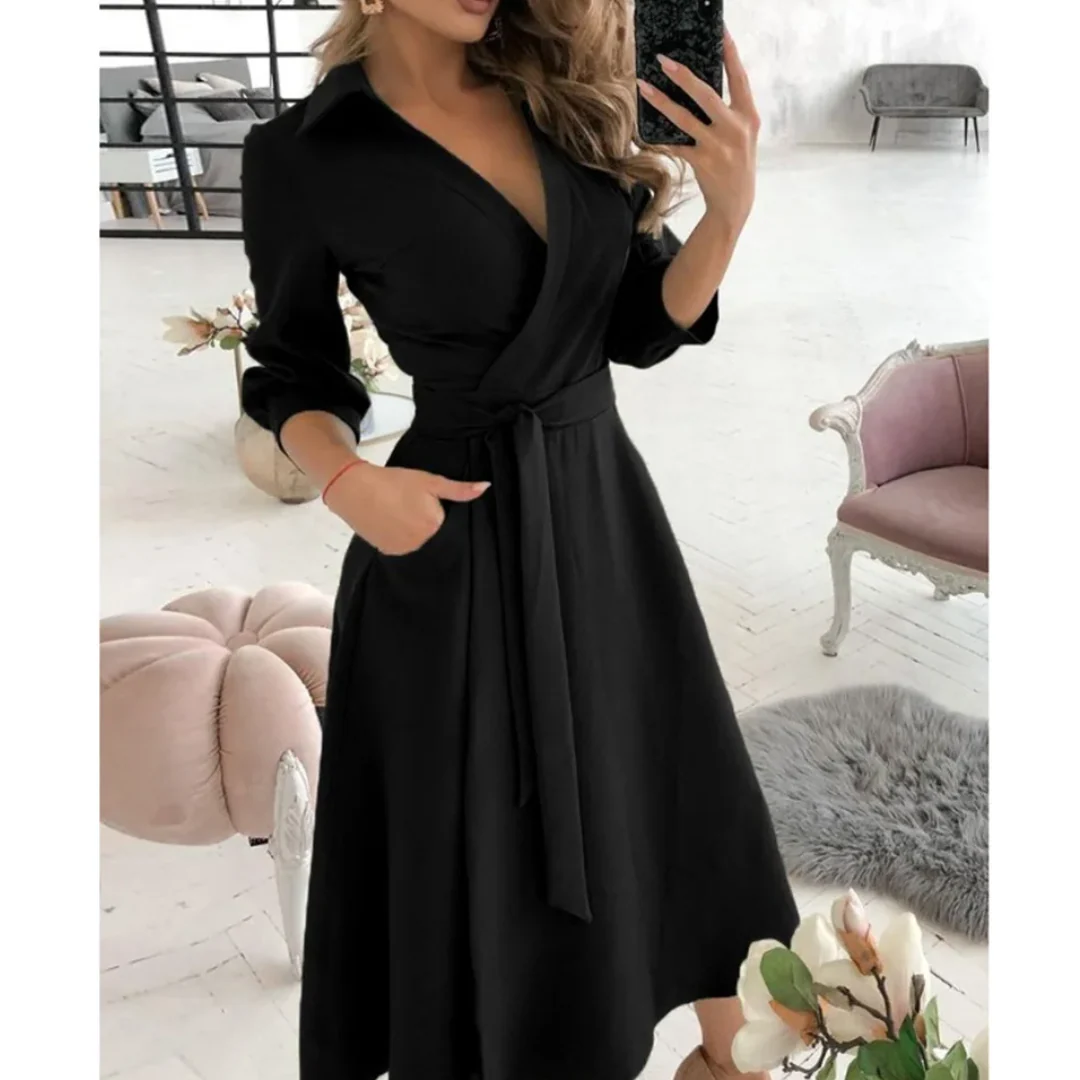 Elegant Midi Dress for Women with Deep V-Neck, Flattering Fit, and Versatile Style for Any Occasion - Image 4