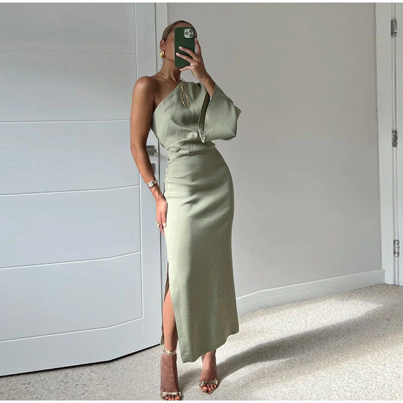 Elegant Midi Dress with Asymmetrical Shoulder and Long Sleeves for Women