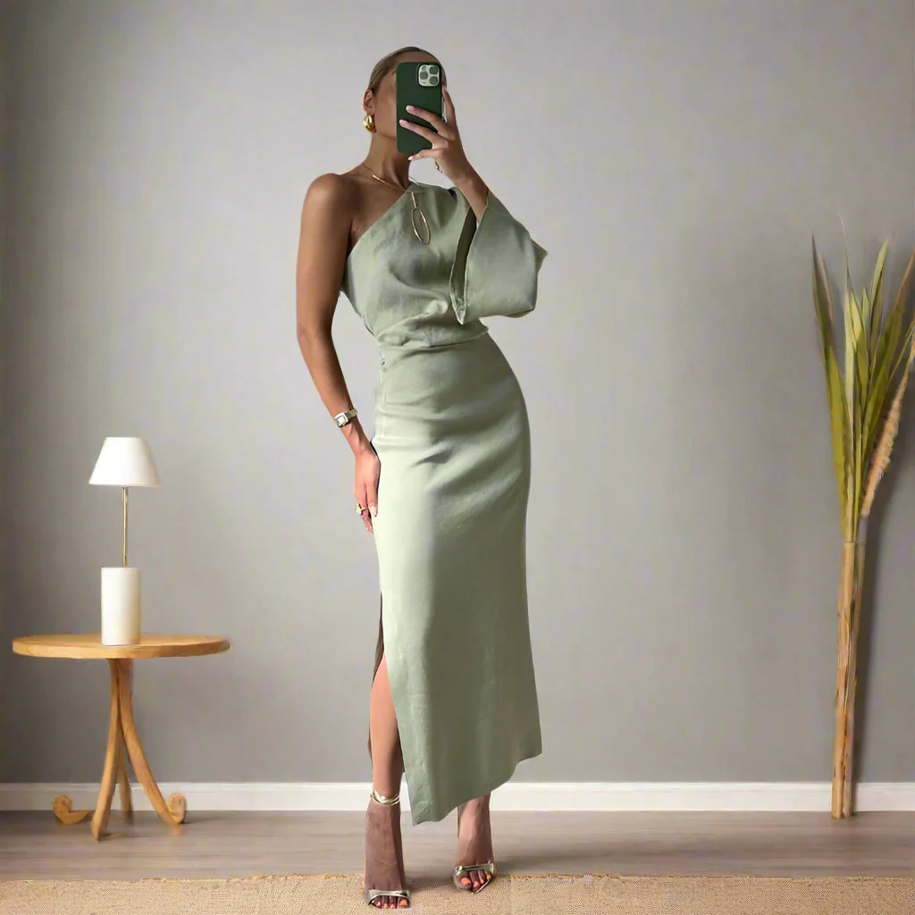 Elegant Midi Dress with Asymmetrical Shoulder and Long Sleeves for Women - Image 2