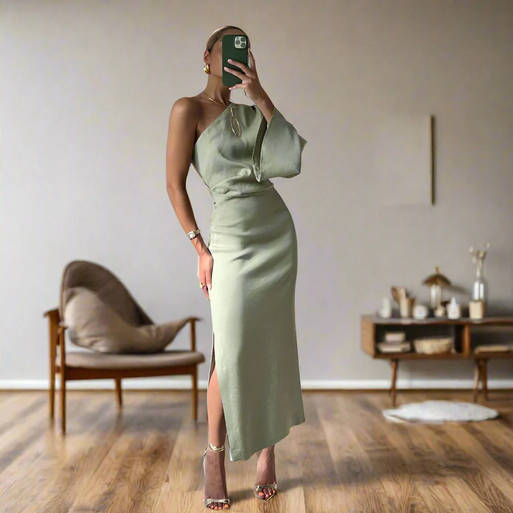Elegant Midi Dress with Asymmetrical Shoulder and Long Sleeves for Women - Image 3