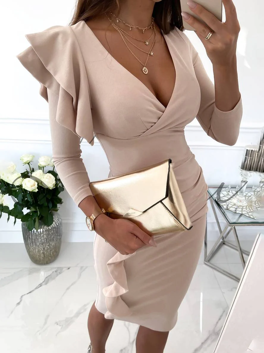 Elegant Midi Dress with Long Sleeves and Ruffles, V-Neck Design for Women - Image 4