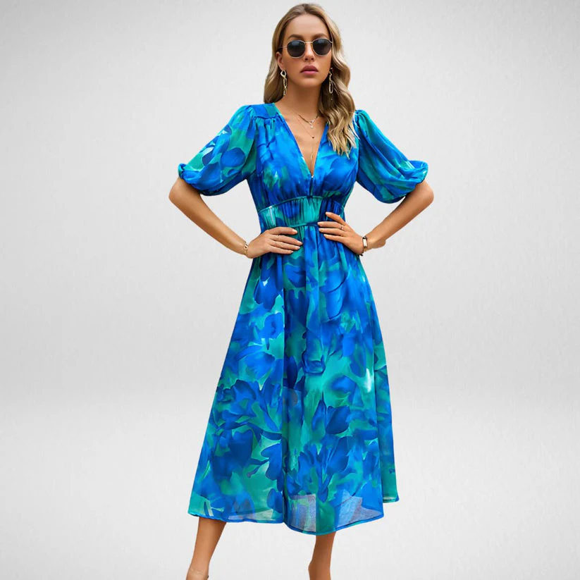 Elegant Printed Midi Dress with Three-Quarter Sleeves for Women - Versatile Midi Dress for Any Occasion - Image 10