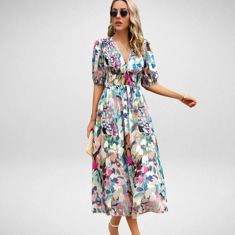 Elegant Printed Midi Dress with Three-Quarter Sleeves for Women - Versatile Midi Dress for Any Occasion - Image 12