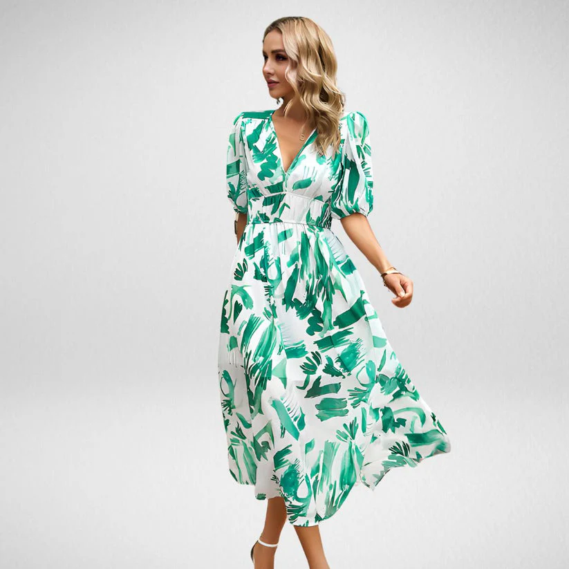 Elegant Printed Midi Dress with Three-Quarter Sleeves for Women - Versatile Midi Dress for Any Occasion - Image 4