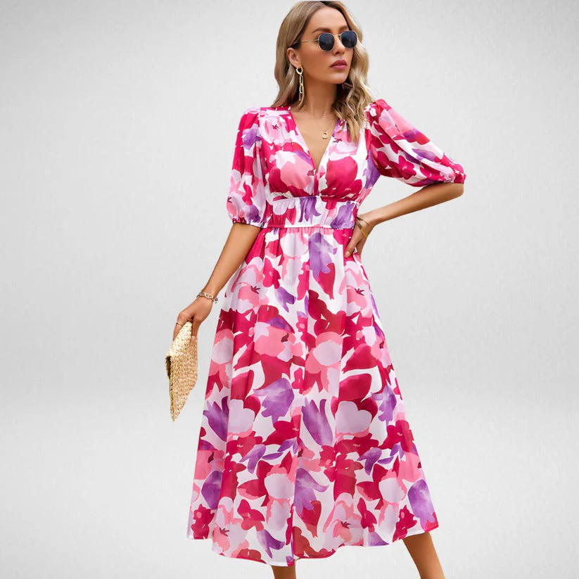 Elegant Printed Midi Dress with Three-Quarter Sleeves for Women - Versatile Midi Dress for Any Occasion - Image 6
