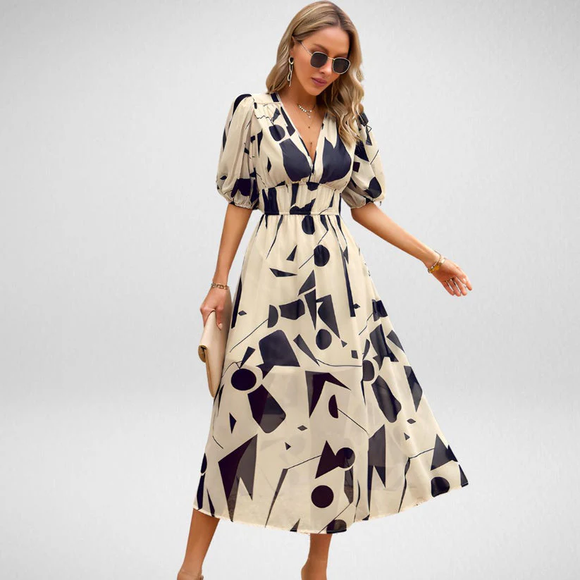 Elegant Printed Midi Dress with Three-Quarter Sleeves for Women - Versatile Midi Dress for Any Occasion - Image 7