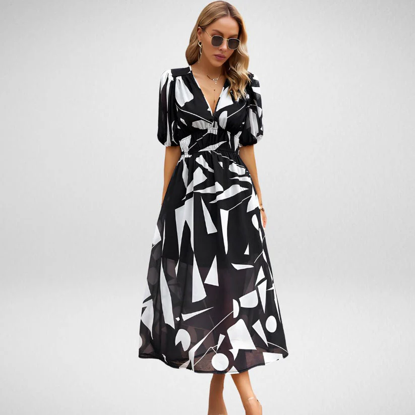 Elegant Printed Midi Dress with Three-Quarter Sleeves for Women - Versatile Midi Dress for Any Occasion - Image 9