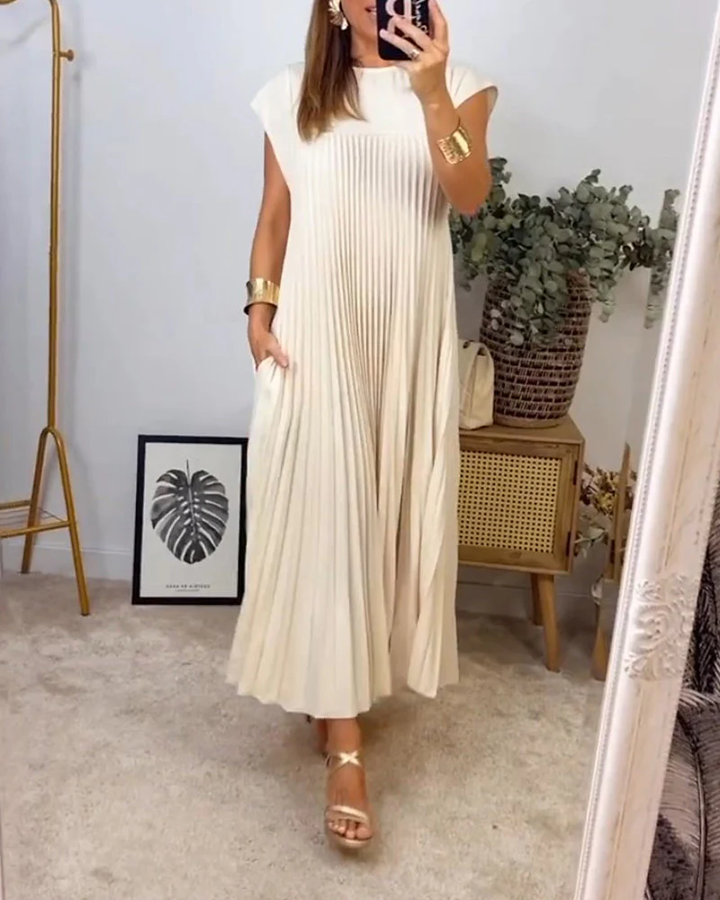 Elegant Sleeveless Pleated Womens Dress in Solid Color - Versatile Summer Wedding Guest or Cocktail Formal Dress - Image 2