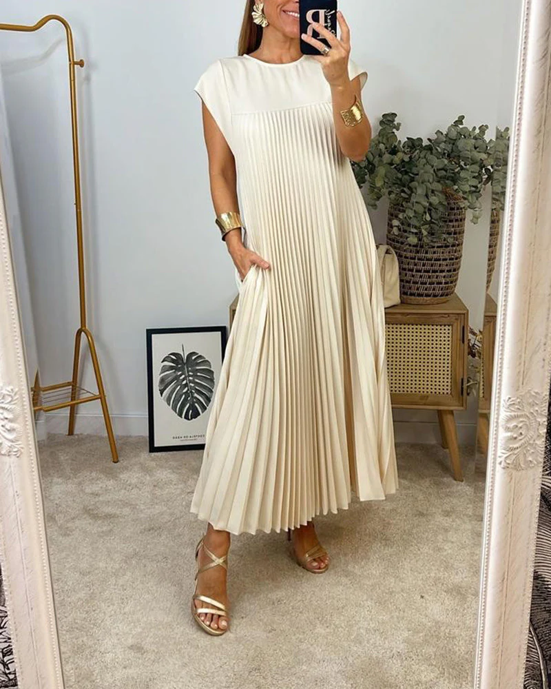 Elegant Sleeveless Pleated Womens Dress in Solid Color - Versatile Summer Wedding Guest or Cocktail Formal Dress - Image 3
