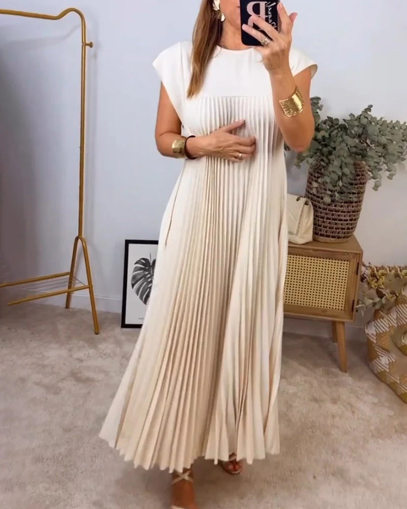 Elegant Sleeveless Pleated Womens Dress in Solid Color - Versatile Summer Wedding Guest or Cocktail Formal Dress - Image 4
