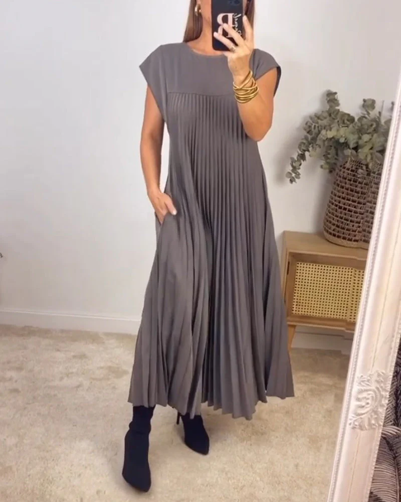 Elegant Sleeveless Pleated Womens Dress in Solid Color - Versatile Summer Wedding Guest or Cocktail Formal Dress - Image 9