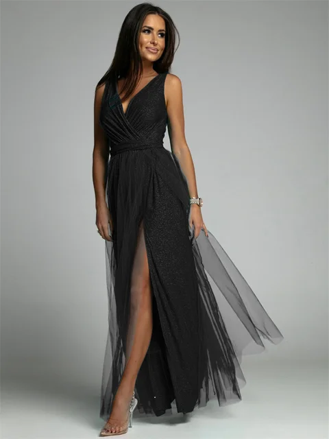 Elegant V-Neck Sleeveless Dress with Slit Hem, Plus Size Formal Wedding Guest Cocktail Dress