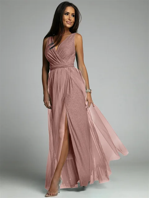 Elegant V-Neck Sleeveless Dress with Slit Hem, Plus Size Formal Wedding Guest Cocktail Dress - Image 10