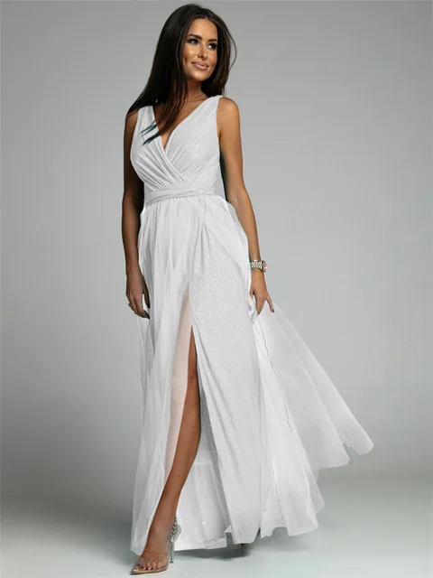 Elegant V-Neck Sleeveless Dress with Slit Hem, Plus Size Formal Wedding Guest Cocktail Dress - Image 5