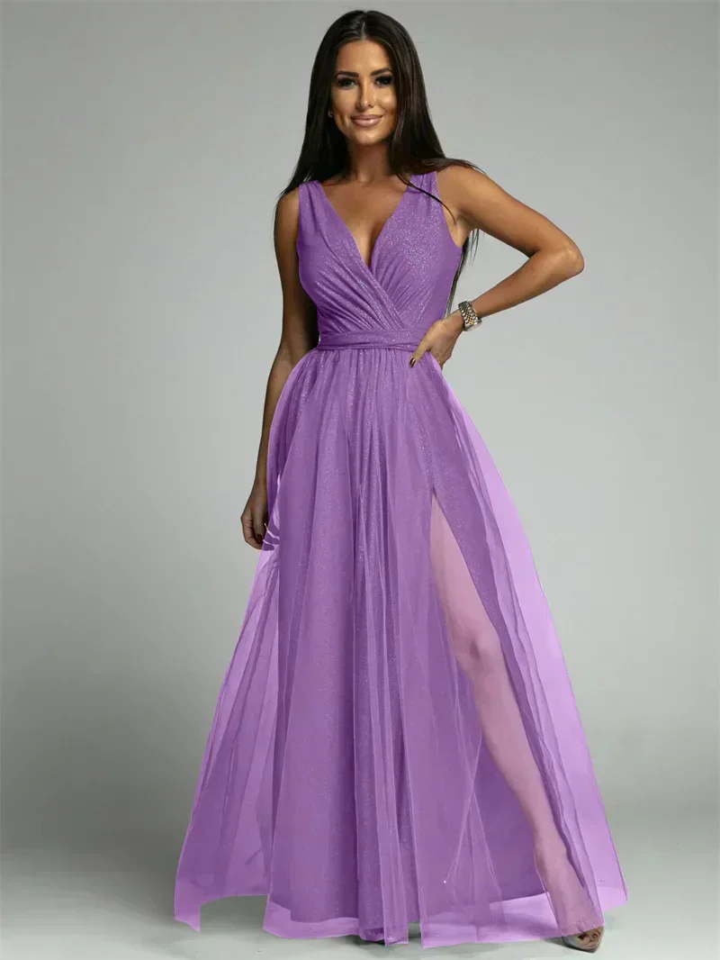 Elegant V-Neck Sleeveless Dress with Slit Hem, Plus Size Formal Wedding Guest Cocktail Dress - Image 6